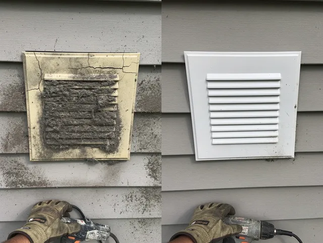 South Whittier Dryer Vent Cleaning technician installing high-quality dryer vent cover at a residential property in South Whittier